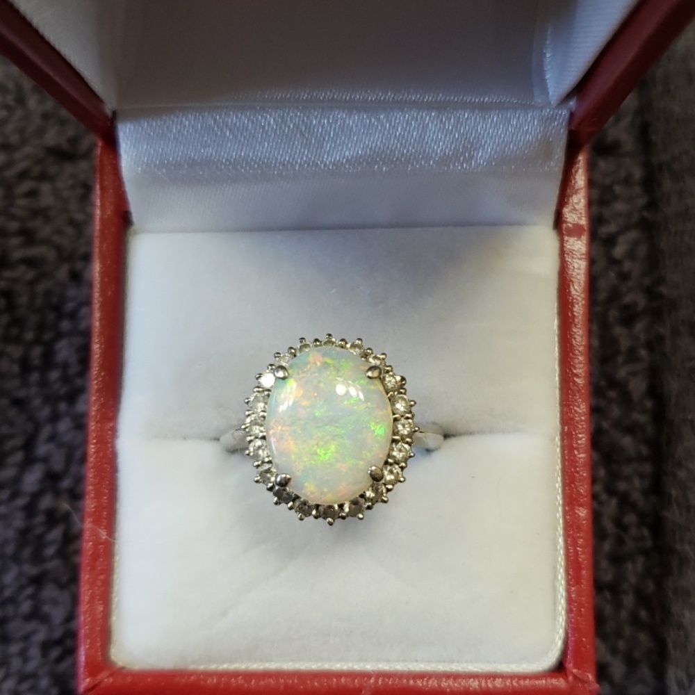 Platinum Opal and Diamond Ring